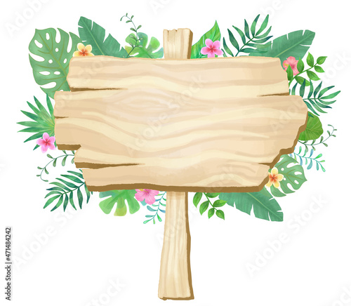 Wooden signboard with leaves and flowers.  Blank board with vector design.