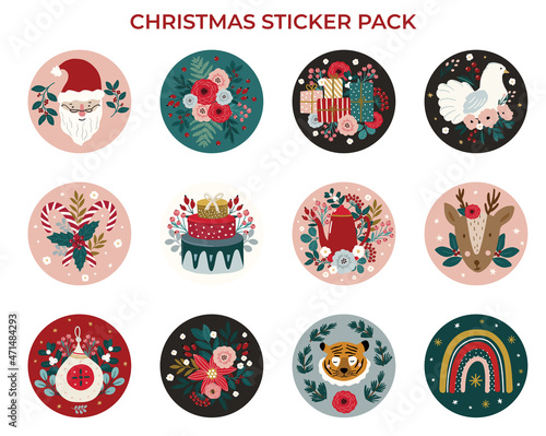 Christmas whimsical funny sticker pack, cute winter holidays sticker and gift tag collection isolated on white background. Christmas clipart