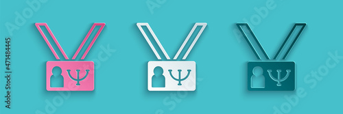 Paper cut Psychology icon isolated on blue background. Psi symbol. Mental health concept, psychoanalysis analysis and psychotherapy. Paper art style. Vector