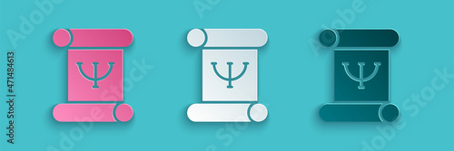 Paper cut Psychology book icon isolated on blue background. Psi symbol. Mental health concept, psychoanalysis analysis and psychotherapy. Paper art style. Vector