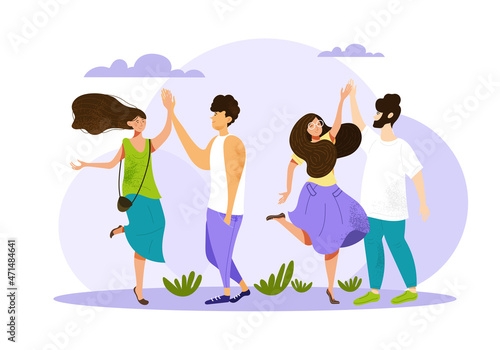 Concept of international friendship. Man and girl give each other high five. Partnership gestures, joy of meeting loved one, couple, family. Human solidarity. Cartoon flat vector illustration