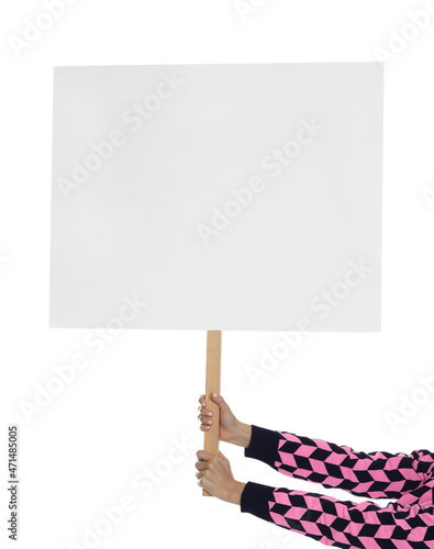 Woman holding blank sign on white background, closeup