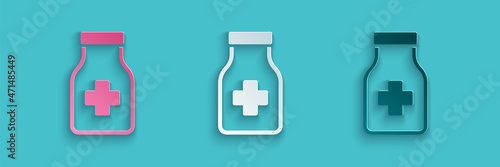 Paper cut Sedative pills icon isolated on blue background. Paper art style. Vector