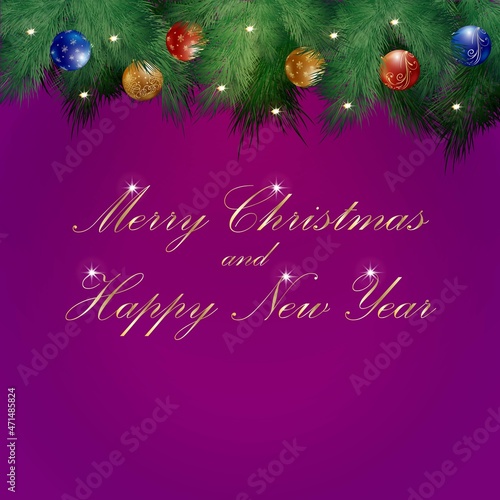 Merry Christmas and New Year. Square template with brilliant golden  red  and blue balls  glitter  Christmas tree branches. Social media  social network. Vector illustration on purple background