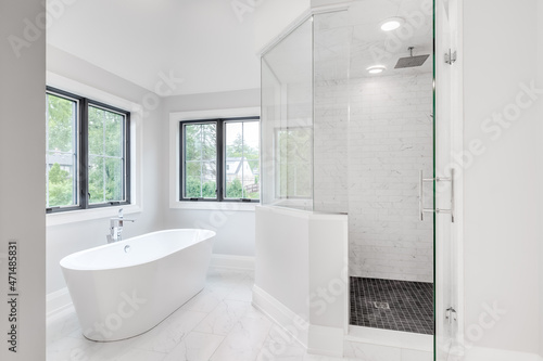 A large luxury bathroom with a standalone bathtub and a walk in shower with glass and tiled walls.