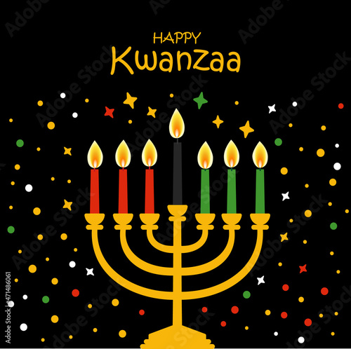 Happy Kwanzaa vector flat illustration on black dark background with confetti. African celebration cute design card.