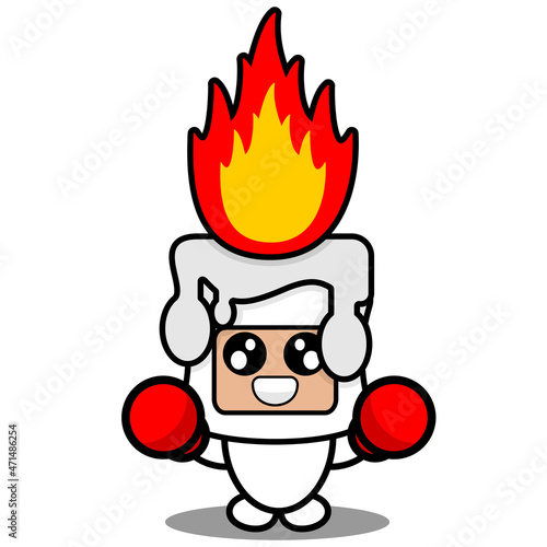 cartoon character vector illustration of cute white fiery candle mascot costume boxing