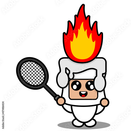 cartoon vector illustration of cute fiery white wax mascot costume character holding badminton racket