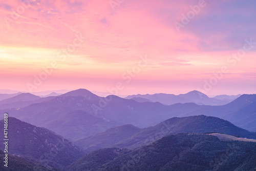 Colorful sunrise in the mountains  Coll d Ares  border between France and Spain 