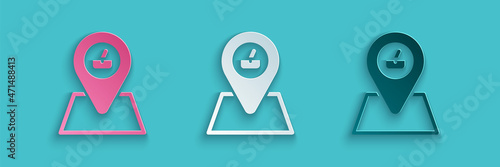 Paper cut Picnic location icon isolated on blue background. Paper art style. Vector