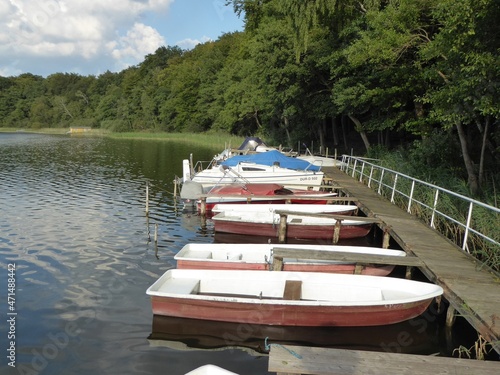 Jetty at the Nebelsee, which borders the federal states of Brandenburg and Mecklenburg-Western Pomerania in Germany Bootssteg am Nebelsee, der an die Bundesländer Brandenburg und Mecklenburg-Vorpommer