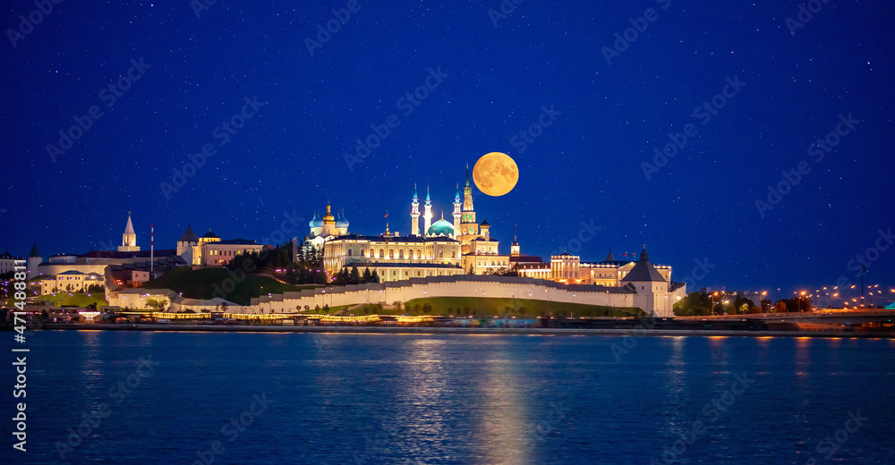 Night panorama city Kazan Kul Sharif Mosque islam and Kremlin river Kazanka, Republic of Tatarstan Russia