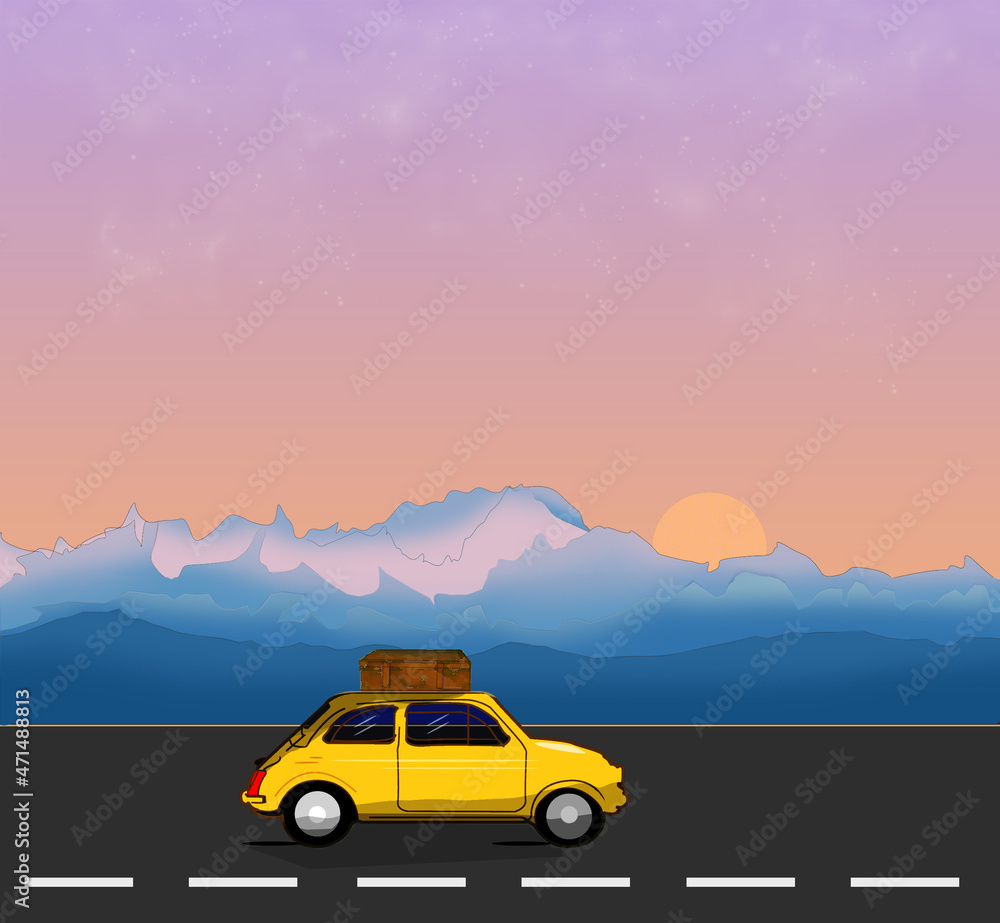Voyage illustration yellow car on the road with mountains landscape Voyage illustration yellow car on the road with mountains landscape