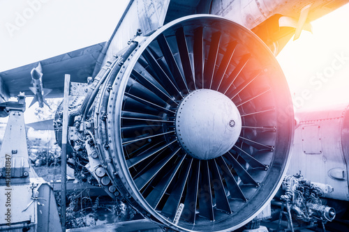 Turbine Disassembled jet aircraft engine undergoing scheduled repair of titanium blades