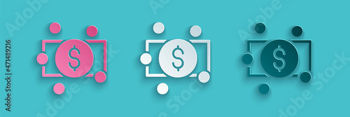 Paper cut Stacks paper money cash icon isolated on blue background. Money banknotes stacks. Bill currency. Paper art style. Vector