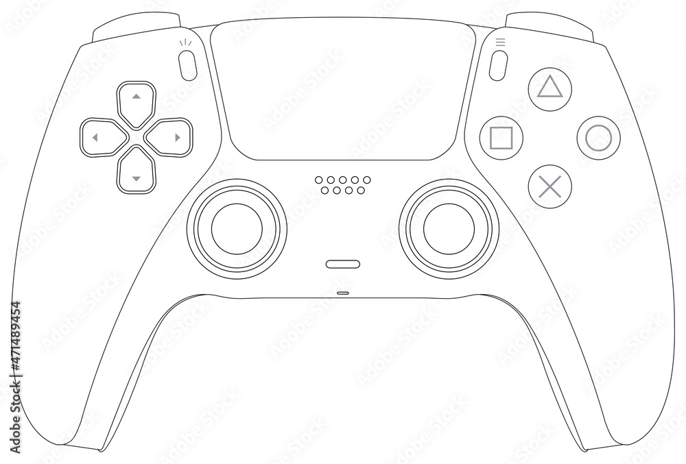 Sony Play Station 5 dualsense wireless controller wireframe black and white  icon. Playstation five new controller wireframe illustration. PS5 gamepad.  Tokyo 2021. Stock Illustration