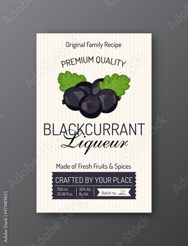 Blackcurrant liqueur alcohol label template Modern vector packaging design layout Isolated