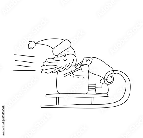 Cute vector monoline Santa Claus riding in his Christmas Sleigh or Sled Black and White Hand drawn doodle scandinavian baby illustration greeting card, poster. Coloring for Children
