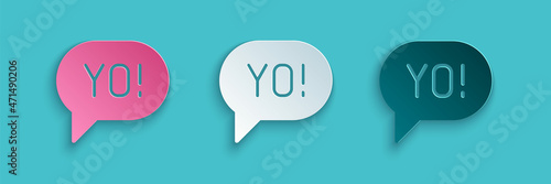 Paper cut Yo slang lettering icon isolated on blue background. Greeting words. Paper art style. Vector