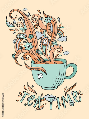 Line art cup of tea or coffee. Vector adult coloring page a cup and ornate steam in doodle style.
