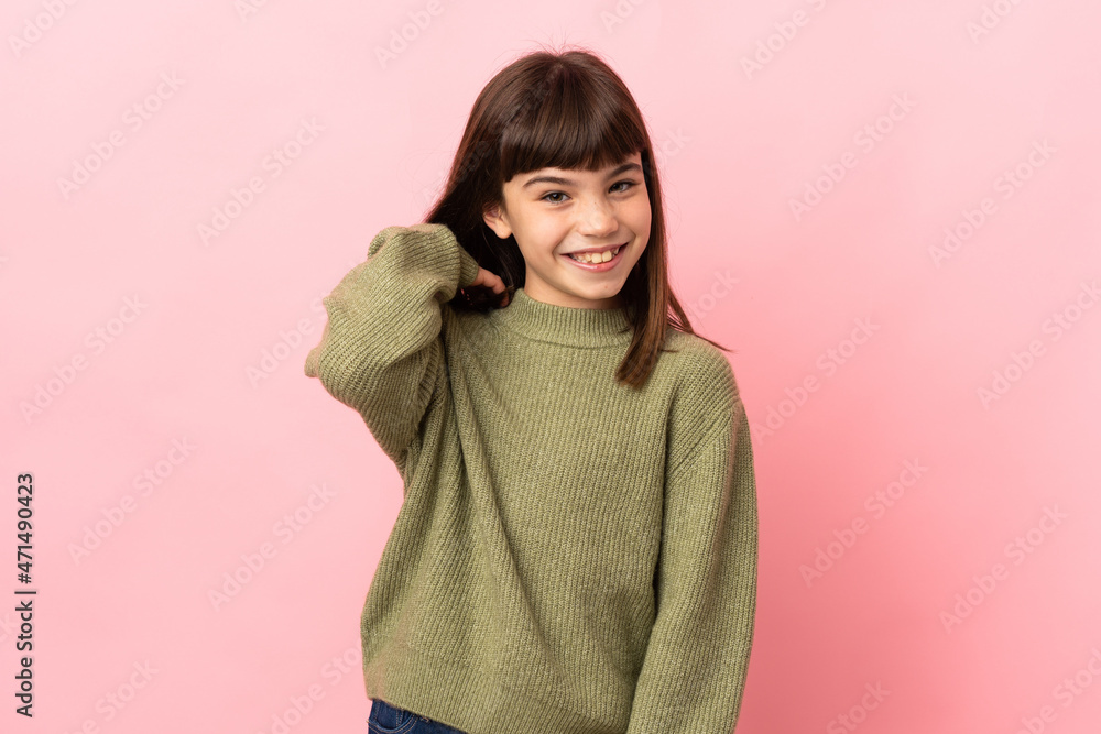 Little girl isolated on pink background laughing Little girl isolated on pink background laughing
