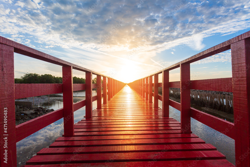Beauty in nature red bridge long way and sunlight in morning landscape