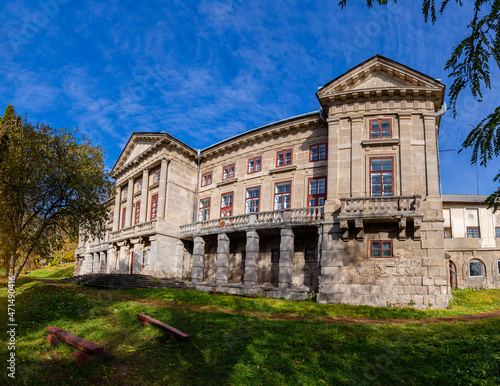 Beautiful palace of the Orlovskys in the village of Maliyivtsi in autumn day.