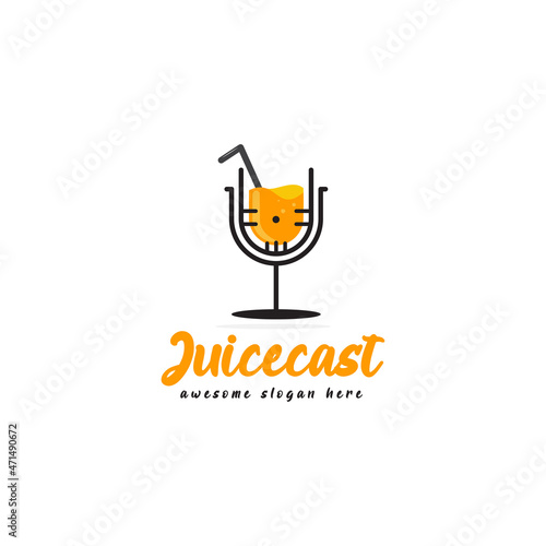 microphone with orange juice logo design concept, combination logo podcast juice illustration vector template