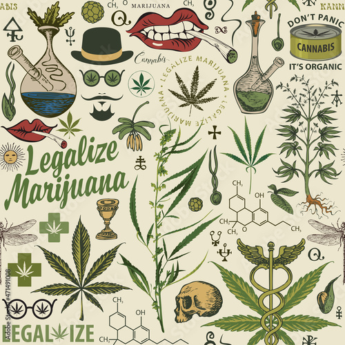 Vector seamless pattern in retro style on the theme of legalize marijuana. Color repeatable background with hemp leaves, cannabis plants, other sketches and inscriptions on an old paper backdrop