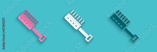 Paper cut Sauna brush icon isolated on blue background. Wooden brush with coarse bristles for washing in the bath. Anti cellulite massage. Paper art style. Vector
