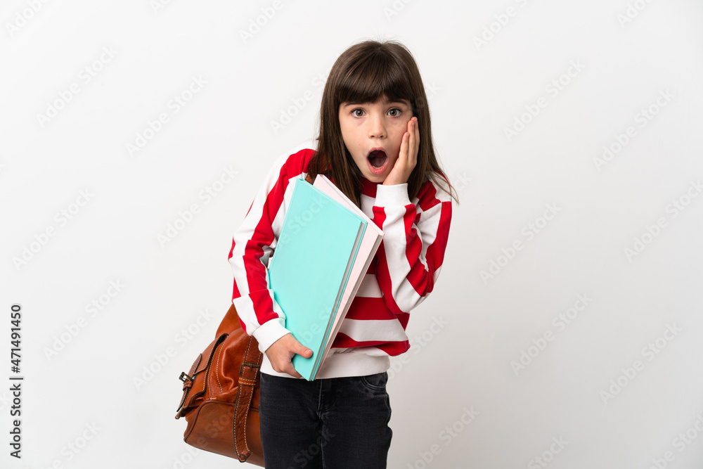 Fototapeta premium Little student girl isolated on white background with surprise and shocked facial expression
