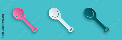 Paper cut Sauna ladle icon isolated on blue background. Paper art style. Vector
