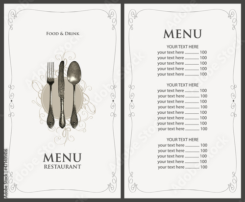 Vector menu for a restaurant with price list in retro style. Food and drink menu template decorated with an old beautiful realistic cutlery and inscriptions in a frame with curls on a light background