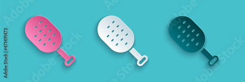Paper cut Sauna brush icon isolated on blue background. Wooden brush with coarse bristles for washing in the bath. Anti cellulite massage. Paper art style. Vector