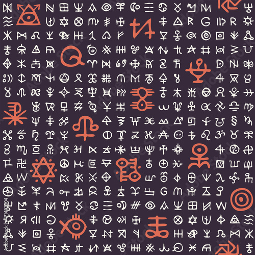 Vector seamless pattern with magical runes and esoteric signs. Abstract repeating background with white and red encrypted symbols on a black backdrop. Ordered texture with a fictional runic alphabet