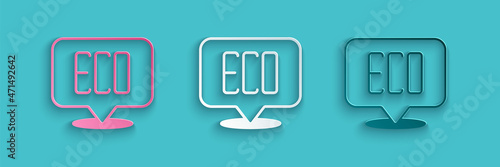 Paper cut Leaf Eco symbol icon isolated on blue background. Banner, label, tag, logo, sticker for eco green. Paper art style. Vector