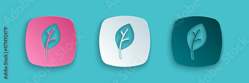Paper cut Leaf Eco symbol icon isolated on blue background. Banner, label, tag, logo, sticker for eco green. Paper art style. Vector