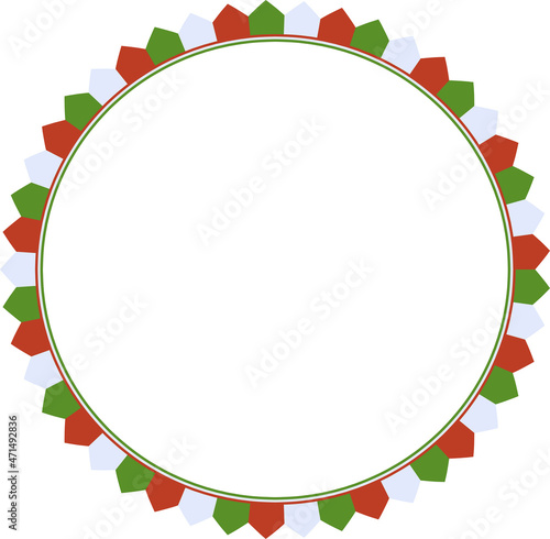 Round Christmas frame. Garland with red bow and strip ribbon