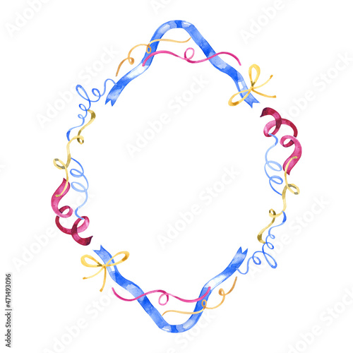 Winter wreath with blue elements. Watercolor circle frame for fashion design isolated on white background