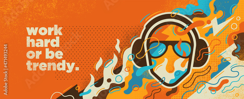 Abstract party graffiti design in grungy style with DJ silhouette, colorful splashes and slogan. Vector illustration.