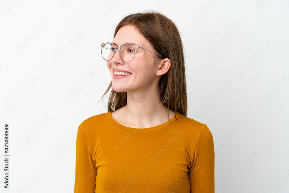 Young English woman isolated on white background With glasses with happy expression Young English woman isolated on white background With glasses with happy expression