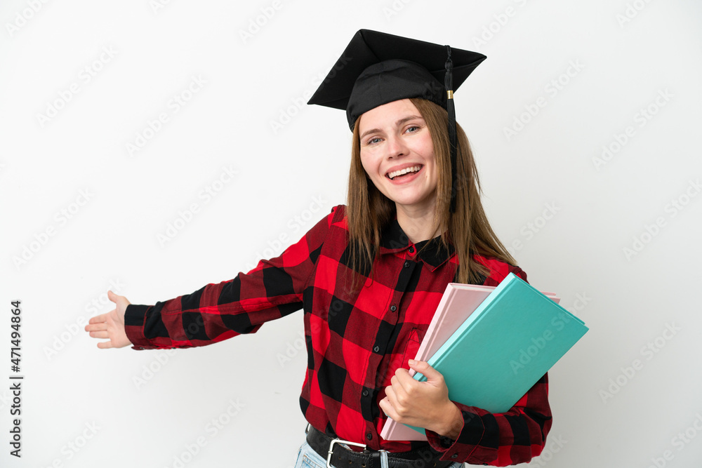 Young English student woman isolated on white background extending hands to the side for inviting to come Young English student woman isolated on white background extending hands to the side for inviting to come