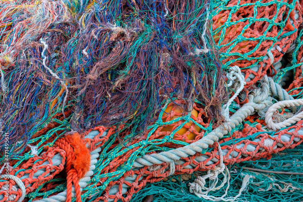 Fishing net on a fishing vessel deck. Close-up shot.