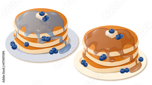 Set of pancakes with different toppings. pancakes on white plate. baking with syrup or honey. breakfast concept. fluffy pancake in frying pan. flat illustration on white background. Premium Vector