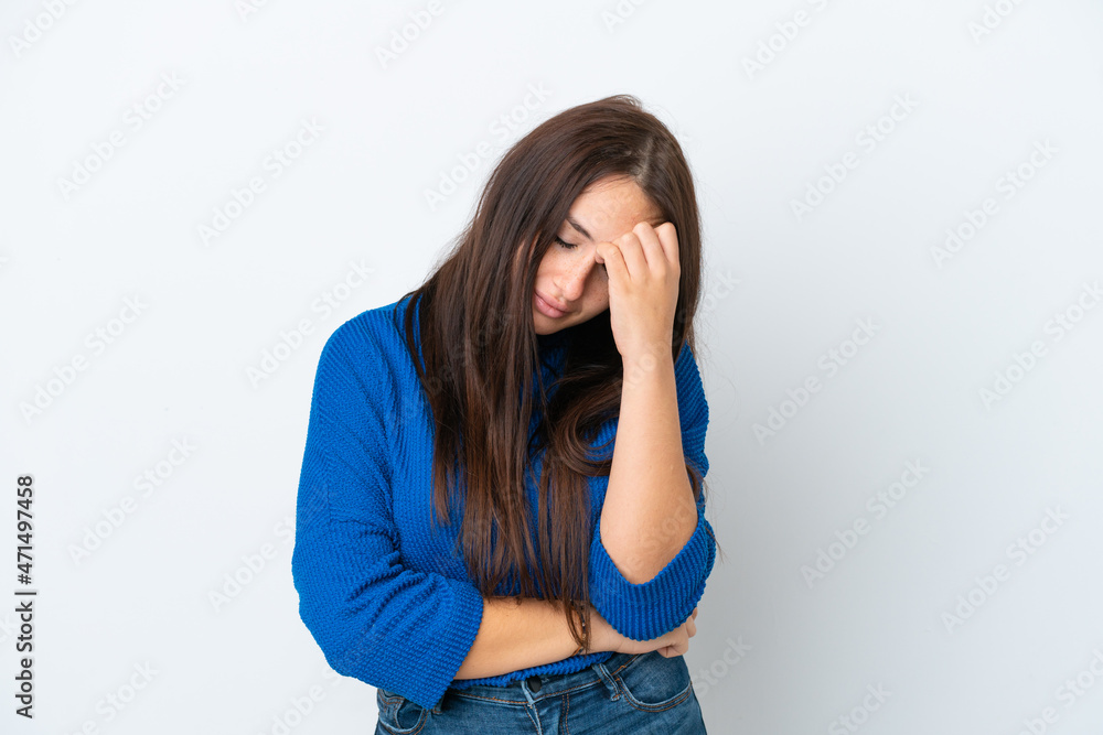 Young Ukrainian woman isolated on white background with headache Young Ukrainian woman isolated on white background with headache