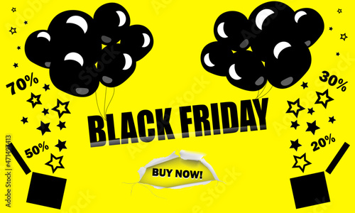 Black friday banner supersale black and yellow baloons and giftboxes with discounts in percents
