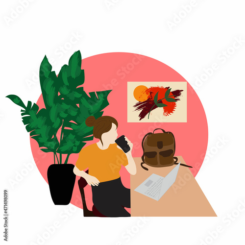 Vector illustration of businesswoman or career woman sitting with laptop on the desk while drinking.