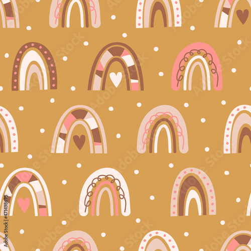 Boho rainbow seamless patterns in neutral colors. Baby boho background. Vector illustration for nursery decoration, print, t-shirt.