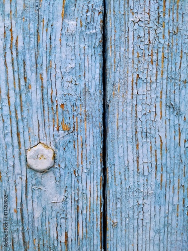Macro photo of old wooden door of blue color with pin