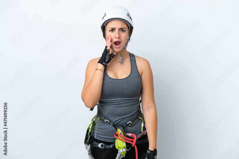 Young Ukrainian rock climber woman isolated on white background with surprise and shocked facial expression Young Ukrainian rock climber woman isolated on white background with surprise and shocked facial expression